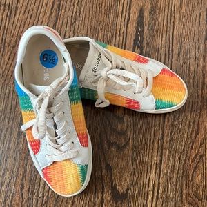 Soludos White Leather & Rainbow Stitching Sneakers, Womens Size 6.5
